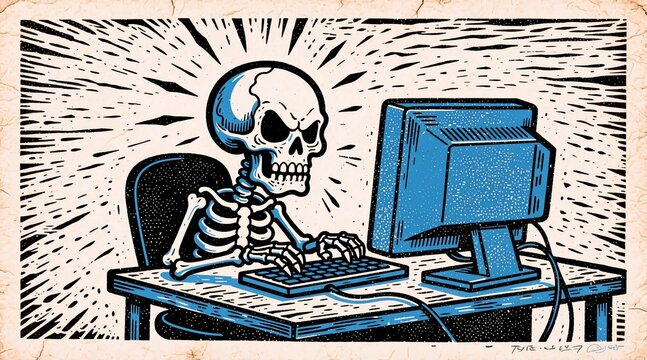 A skeleton sits at a desk, typing furiously on a computer keyboardradiating intense focus or urgencywith blue highlights and comic-book style shading against an aged paper background.
