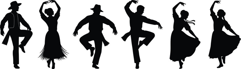 Silhouettes of traditional dancers, cultural attire, expressive poses, folk dance, black and white, coordinated movement, heritage art, rhythm, festive energy, choreography