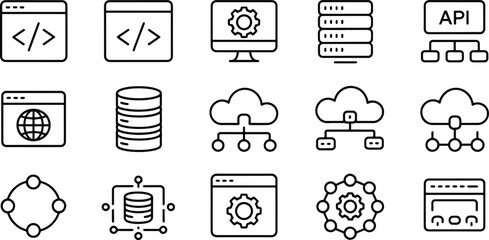 Set of icons representing cloud computing database server API and front end development with outline and minimal design for modern platforms