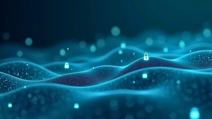 Abstract digital landscape with glowing blue waves and scattered padlock icons representing data security and privacy.