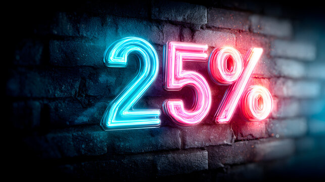 A neon sign with the number 25 in pink and blue letters - Powered by Adobe