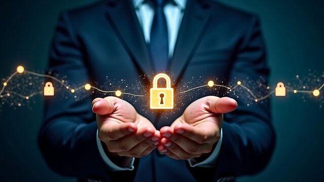 A businessman in a suit holding a glowing golden padlock with a secure digital network, symbolizing data protection and cybersecurity.