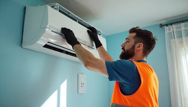 Service man installs air conditioner in home. Worker fixes AC unit. Pro provides maintenance service. HVAC expert checks residential climate control system. Specialist cleans indoor split system for