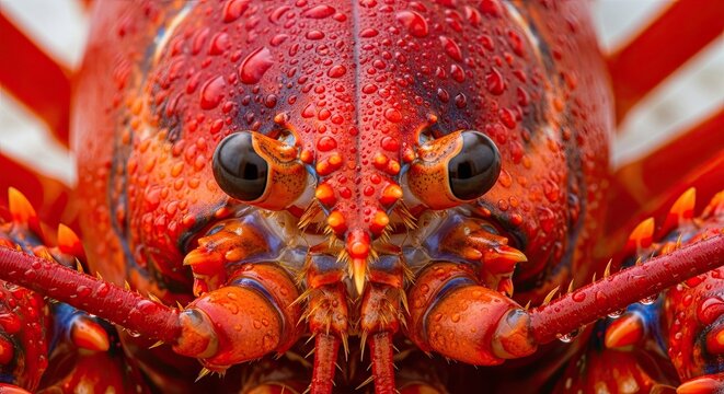 Close up of a vibrant red spiny lobster with detailed texture.