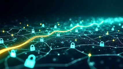 Digital network with glowing connections, padlock icons, and a prominent secure data path, illustrating cybersecurity and data protection.
