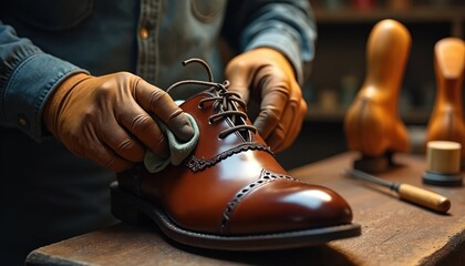 A gloved hand polishes a brown leather oxford shoe with a cloth in a workshop. Tools and shoe lasts are visible in the blurred background, suggesting a repair or restoration process.