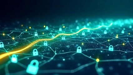 Abstract digital waves with glowing particles and data connections on a dark background, representing technology and information flow.