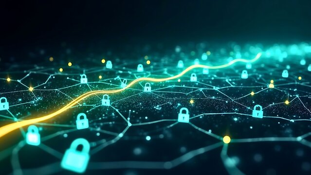 Digital network with glowing connections, padlock icons, and a prominent secure data path, illustrating cybersecurity and data protection.
