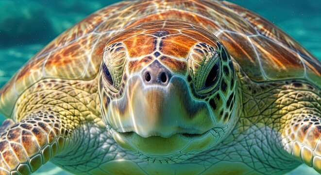 Close-up of a majestic green sea turtle swimming gracefully in clear turquoise ocean water.