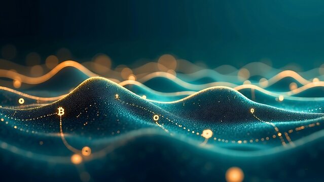 Abstract digital waves with glowing particles and data connections on a dark background, representing technology and information flow.
