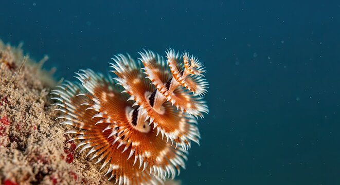 Close-up of a vibrant Christmas tree worm underwater on a coral reef.
