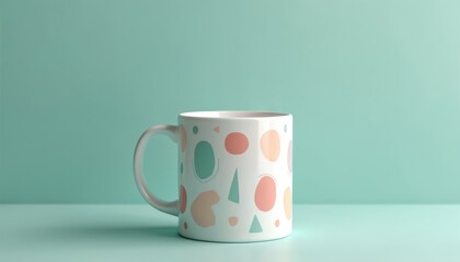 White ceramic mug features abstract pastel geometric shapes like circles and triangles. It rests on teal surface against matching teal backdrop, perfect for minimalist home decor or beverage branding.