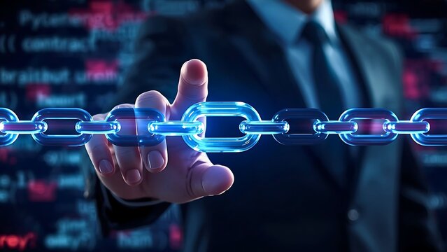 A businessman's hand interacts with a glowing blue digital blockchain chain, symbolizing secure data and connectivity.
