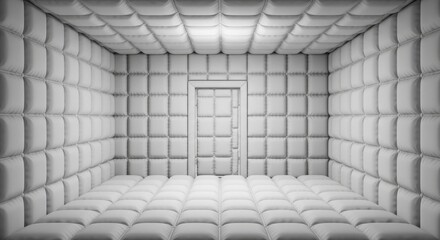 Monochrome padded room with a door representing confinement and psychological isolation depicting