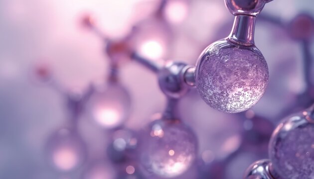 Abstract molecular structure shows glassy spheres with tiny bubbles inside, linked by metallic rods. Scientific image represents chemistry, biology, medical tech, research, innovation in sleek, - Powered by Adobe