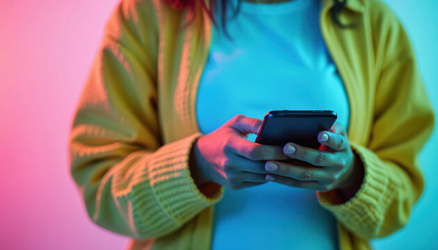 Person holds smartphone. Young adult uses mobile device for texting, browsing content online. Fingers scroll screen illuminated by neon lights. Casual youth lifestyle with digital gadget.