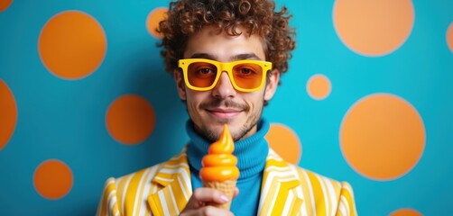 Man holds ice cream in cone. Guy with curly hair wears yellow sunglasses, striped jacket. Joyful person enjoys tasty dessert against blue polka dot pattern background. Fun creative food concept.