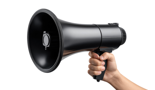 A hand holding a megaphone isolated on transparent background