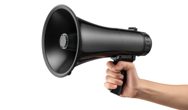 A hand holding a megaphone isolated on transparent background