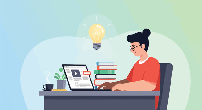 Vector illustration of a person studying or working on a laptop with a lightbulb symbolizing an idea, surrounded by books and a plant, representing learning and innovation