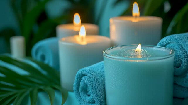  Serenity in Lights: The flickering glow of candles, combined with carefully arranged soft towels, encapsulates tranquility and spa bliss in a moment of zen.