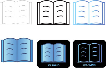 Collection of open book icons in various styles, symbolizing knowledge, education, and learning