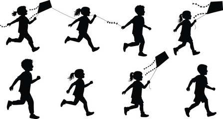 Children, silhouette, running, flying, kites, outdoor, play, motion, happy, freedom, black, white, vector, graphic, childhood, fun, activity, sky, wind, joy