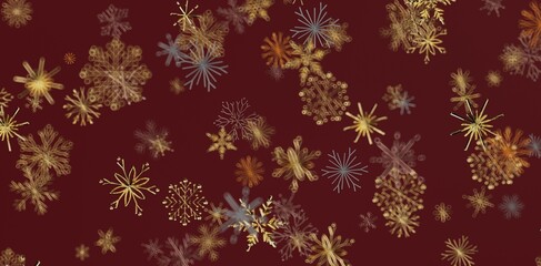 Stunning abstract image featuring delicate gold, silver, and orange snowflakes falling gracefully against a rich burgundy background.
