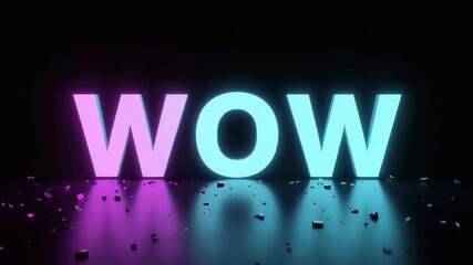 WOW Neon Text Title Reveal with Pink and Blue Glowing Light on Reflective Floor - Powered by Adobe