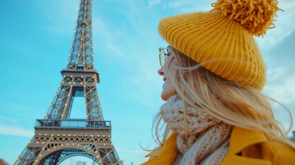 Eiffel Tower Tourist in Paris: A radiant tourist, framed by the majestic Eiffel Tower against a backdrop of a clear blue sky, capturing the essence of travel and discovery in the heart of Paris.