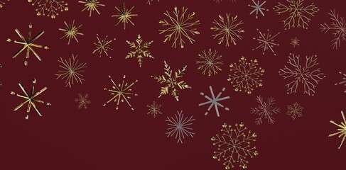 Festive golden snowflakes on a burgundy background, perfect for winter holidays, Christmas, and new year designs. Ideal for greeting