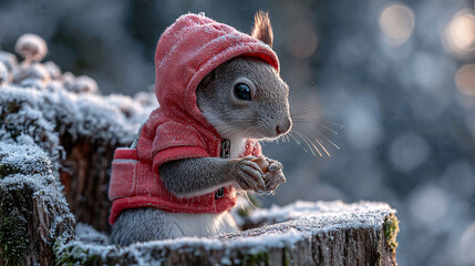 A charming squirrel sits upright on a snowy tree stump, dressed in a bright red coat while nibbling on a treat. The scene evokes a whimsical holiday spirit filled with winter cheer