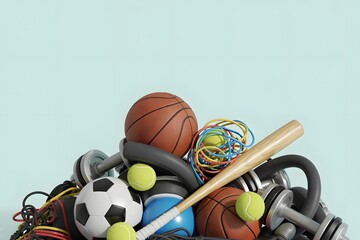 Sports equipment has fallen down in a heap ,isolated blue pastel background