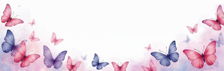 Delicate watercolor butterflies in pink, purple hues drift across white background. Charming illustration features collection of flying insects suitable for invitations, cards, decorative borders.