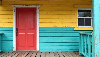 Obraz premium Exterior view of aged wooden house with vibrant yellow cyan walls, red door. Sunlight illuminates aged planks. Colorful facade, weathered paint shows rustic vintage architecture, traditional