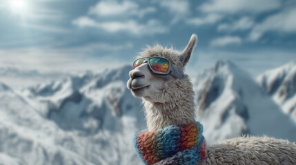 Obraz premium A playful white alpaca with fluffy fur gazes joyfully into the distance while adorned with sunglasses and a colorful scarf