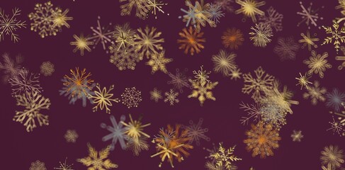 Festive digital artwork featuring elegant gold snowflakes on a deep burgundy background, perfect for winter holiday designs and decor