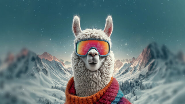 A delightful alpaca with fluffy white fur poses in a snowy winter scene. Wearing vibrant sunglasses, it adds a fun touch to the serene landscape filled with mountains and soft snowflakes