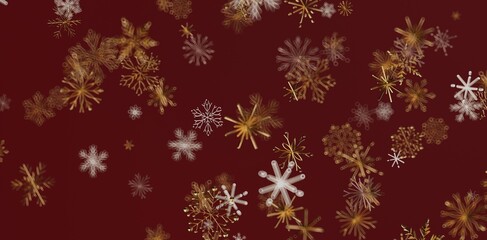 Festive abstract design featuring golden and white snowflakes on a deep red background. Perfect for holiday greetings, winter themes, and season