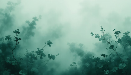Soft Green Misty Forest Scene with Silhouetted Tree Branches in Calm Atmosphere