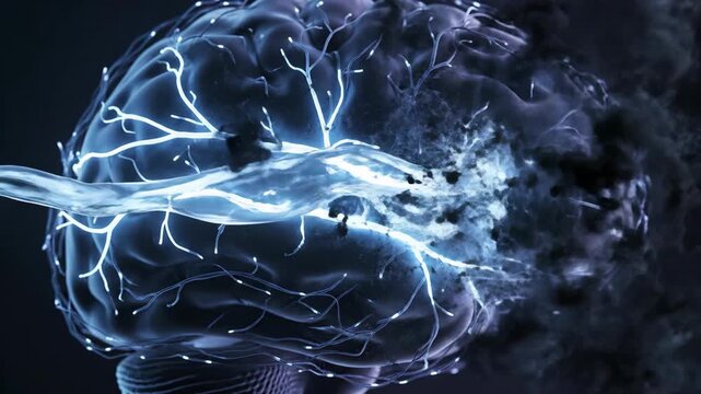 3D render of a sleeping brain's neural channels widening to allow clear fluid to flush out dark waste.