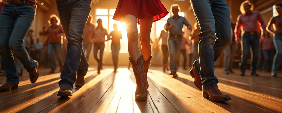 Illustration captures line dancing in a wooden hall. People in jeans and cowboy boots enjoy country music. Group performs energetic dance moves on the floor. Sunlight illuminates the scene.