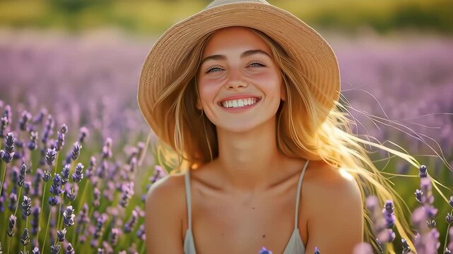 Serene Radiance in Lavender Field: A radiant person basks in the sun, finding peace within a picturesque landscape of fragrant lavender, expressing the simple beauty of nature's embrace.