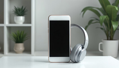 Smartphone mockup with wireless headphones on white desk. The photo perfect for tech, music, podcast or audiobook app. Minimalistic decor with plants in pots.