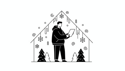 Man holding a tablet inside a decorated winter home outline Seasonal planning illustration