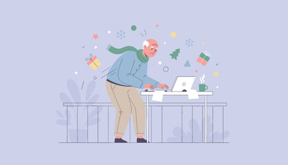 Overworked senior man on laptop surrounded by stressful holiday shopping and winter symbols