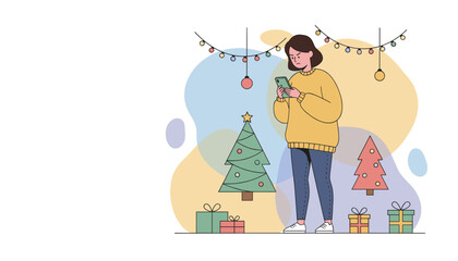 Frustrated woman checks her smartphone ignoring the festive Christmas decorations and gifts