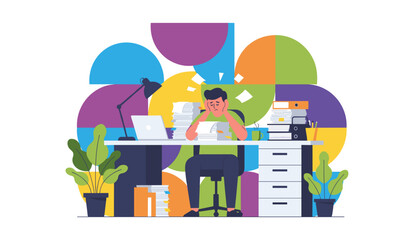 Tired employee overwhelmed by excessive documents and deadlines Work stress burnout and overwork concept