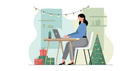 Professional woman works on laptop surrounded by holiday decorations and Christmas gifts