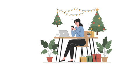 Woman working remotely during Christmas stressed checking phone near laptop and holiday decorations
